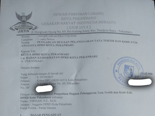 GRIB Jaya Adukan Anggota DPRD Pekanbaru Berinisial F ke Badan Kehormatan, S. Hondro: Jika Perlu Kami Bawa ke Polda Riau